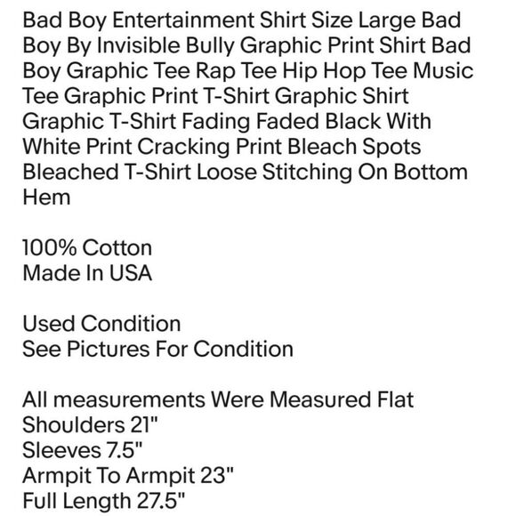 Bad Boy Entertainment Shirt Size Large Bad Boy By Invisible Bully Graphic Print - Picture 2 of 8